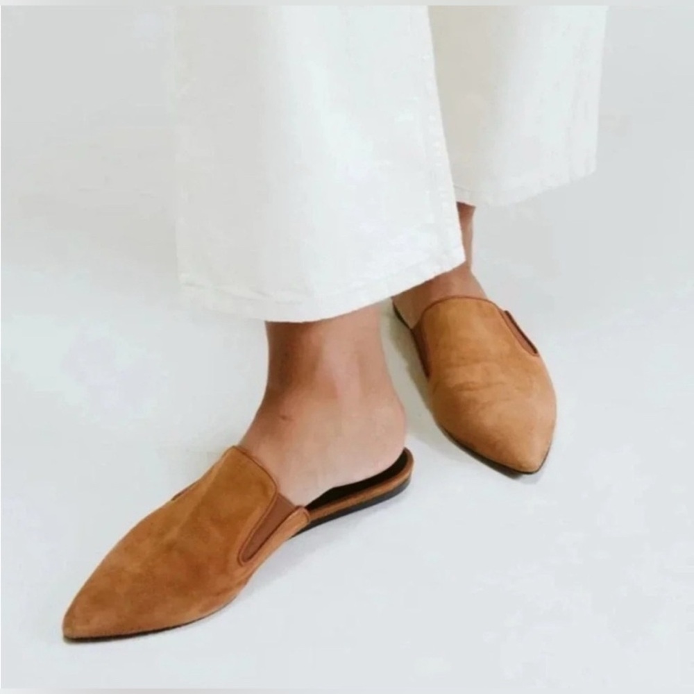 $395 Jenni Kayne Suede Mules Women's Shoes Saddle Cognac Brown Flats EU 38 /US 8